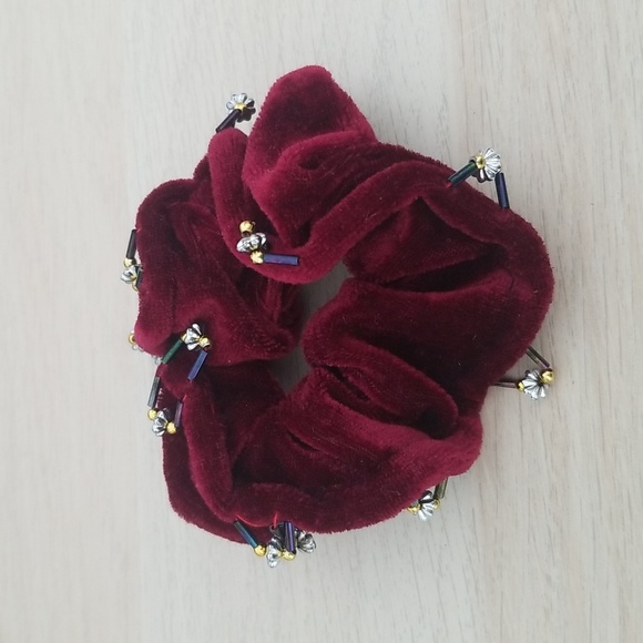 Red Velvet Scrunchie with Beaded Details - Picture 1 of 3
